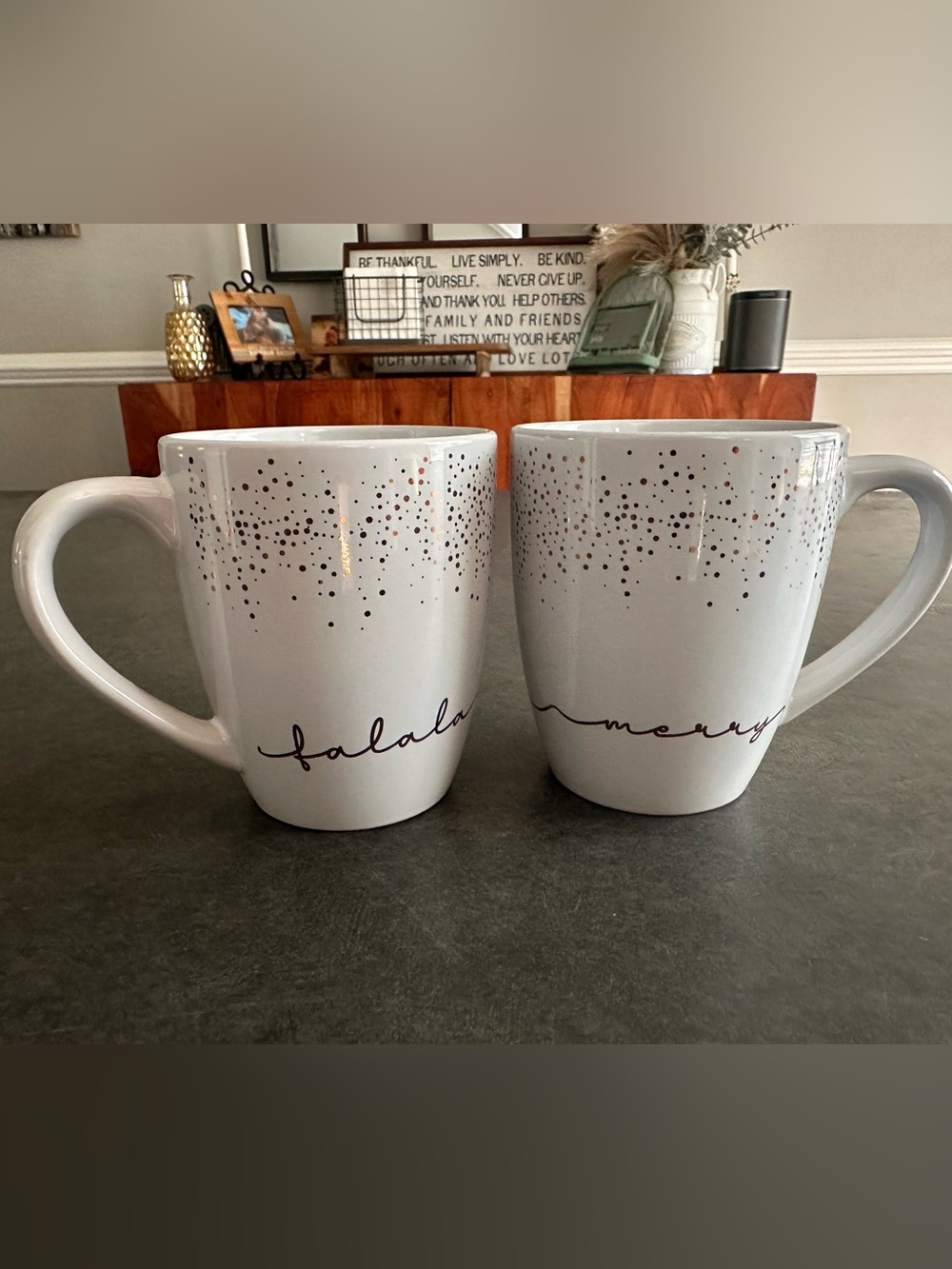 Christmas Mugs "Falala" and "Merry" written in Silver